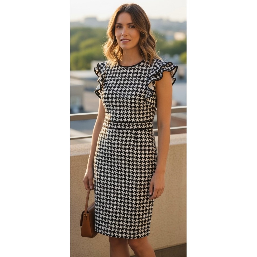 Enfocus Studio Houndstooth Ruffle Sleeve Sheath Dress Black White Size 6 15261